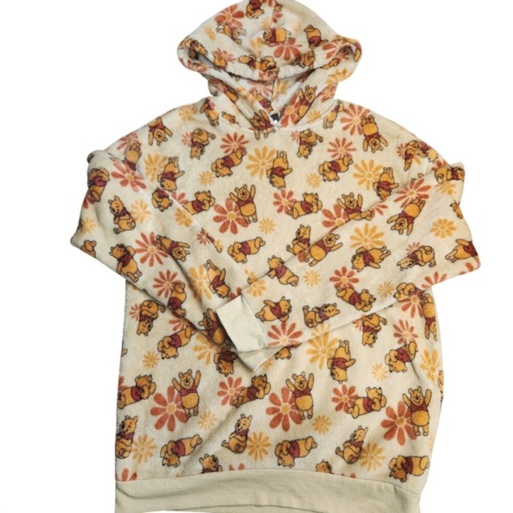 Disney Winnie the Pooh Fleece Hoodie Cozy Loungewear Cream Cartoon Print Size M